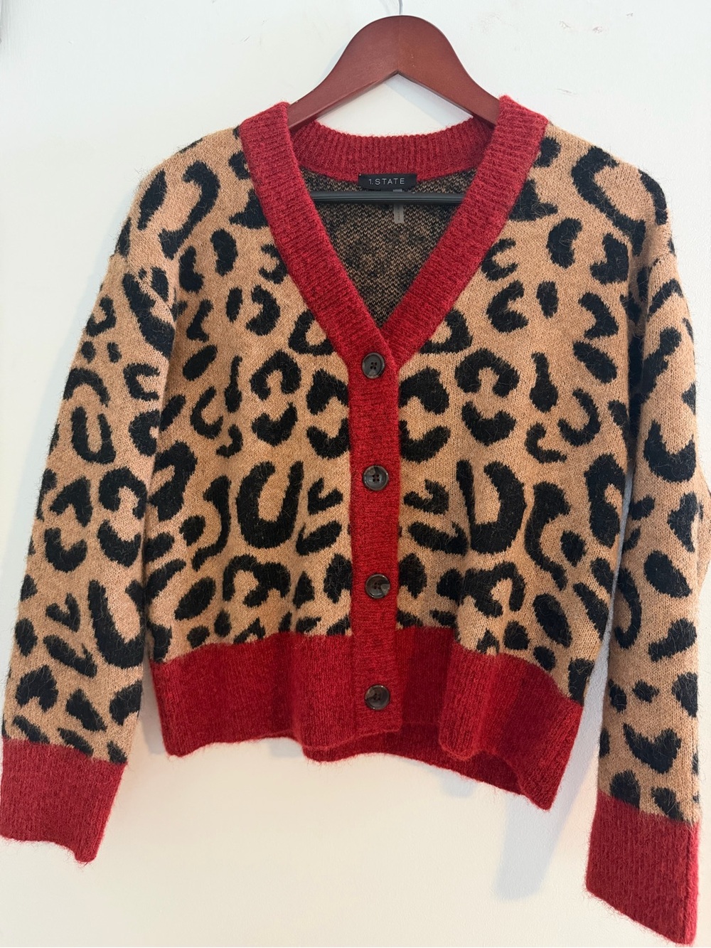 1. State Leopard Print Cardigan with Red Trim